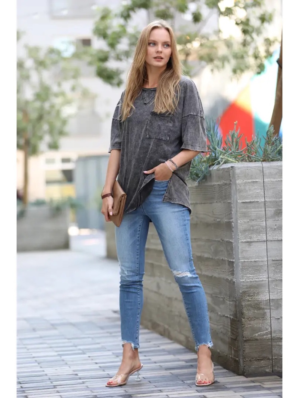 Zenana Outfitters Gray Distressed Drip Shoulder Tee